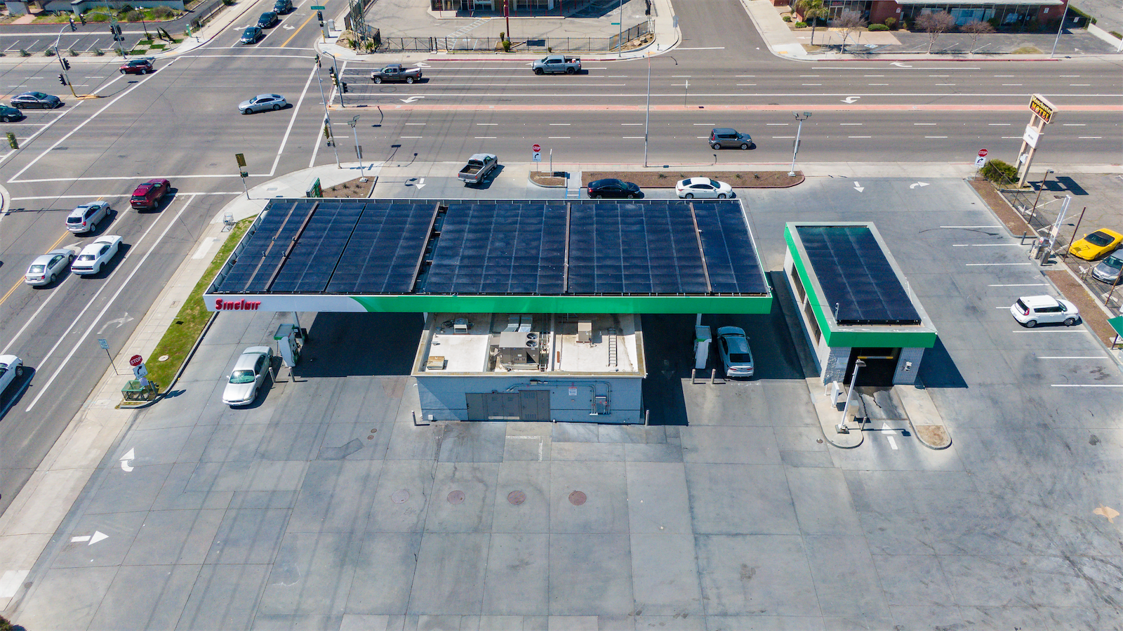 Gas station with solar panels on it.